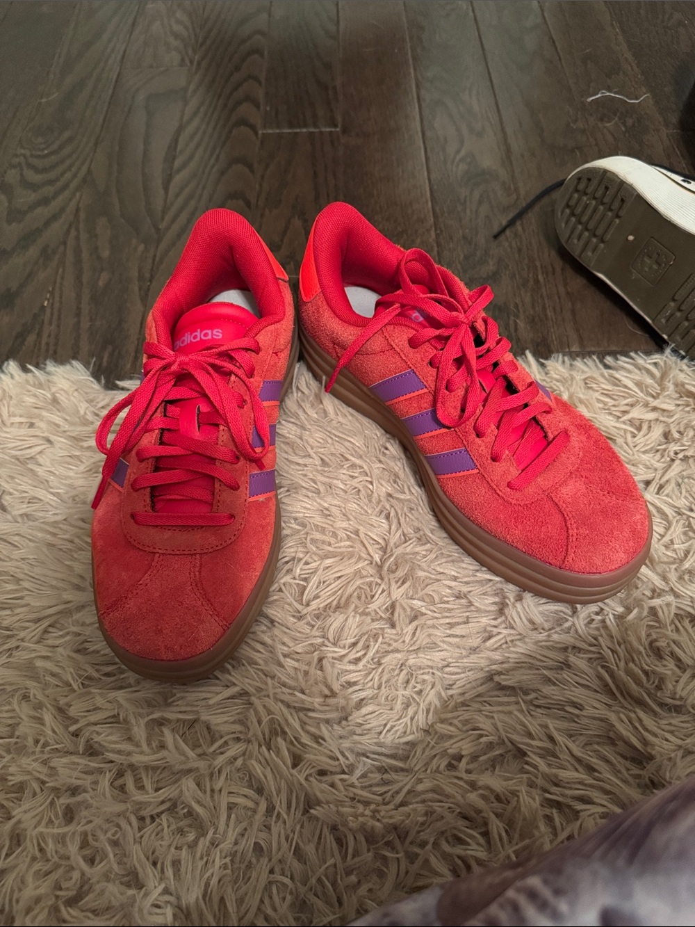 adidas Red Suede Sneakers with Purple Stripes